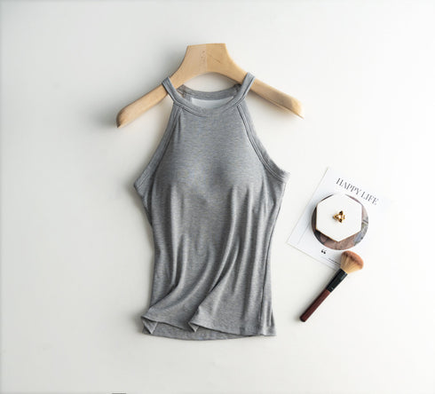 Slim Halter Neck Off-Shoulder Camisole Tops for Women - Stylish Solid Tank Tees with Chest Pad for Comfortable Summer Wear